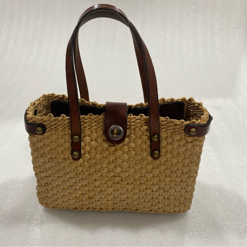 Vintage John Romain Woven Straw and Leather Basket Tote Purse Unique 1960’s EUC